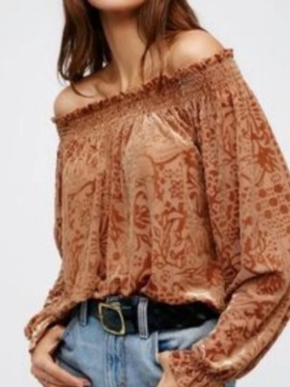 Free People Women's A Little Twist Tan Patterned Off-Shoulder Blouse Size Small